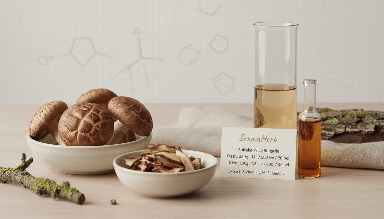 Editorial-style still life on a wooden table with fresh and dried shiitake mushrooms, minimalist glassware and subtle pricing notes, illustrating шийтаке цена in Bulgaria